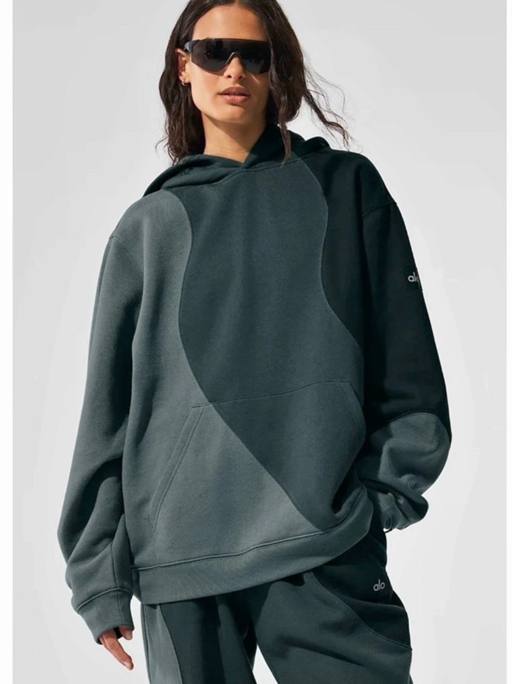 Alo Color Block Hoodie in Green & Gray